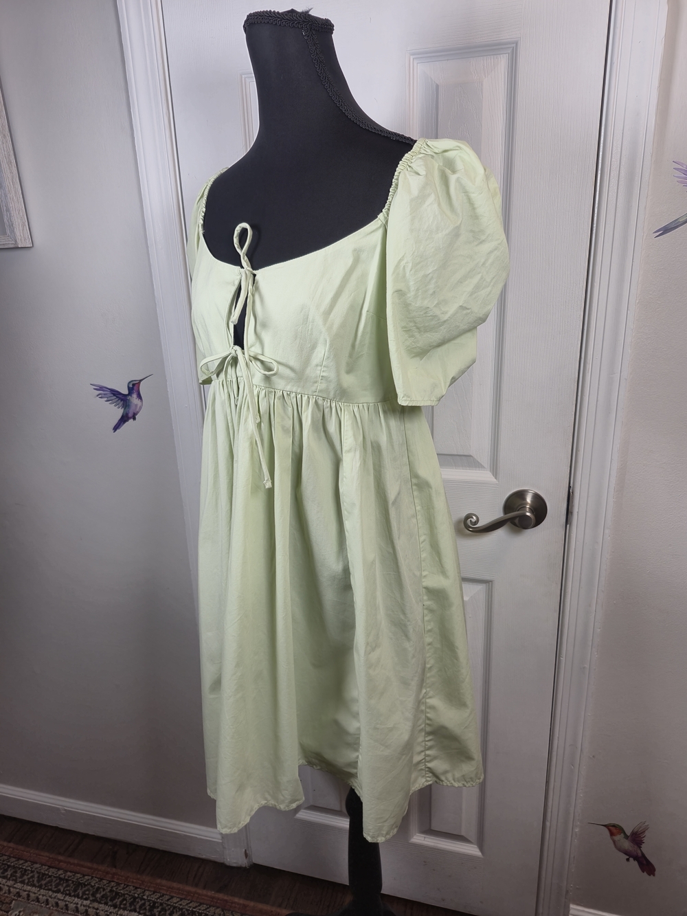 Abercrombie & Fitch Mint Green Puff Sleeve Tie Front Babydoll Mini Dress S Tall - Picture 2 of 6
